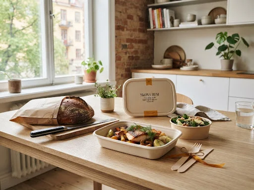 En måltid med bröd och mat i takeawayförpackningar på ett ljust köksbord
