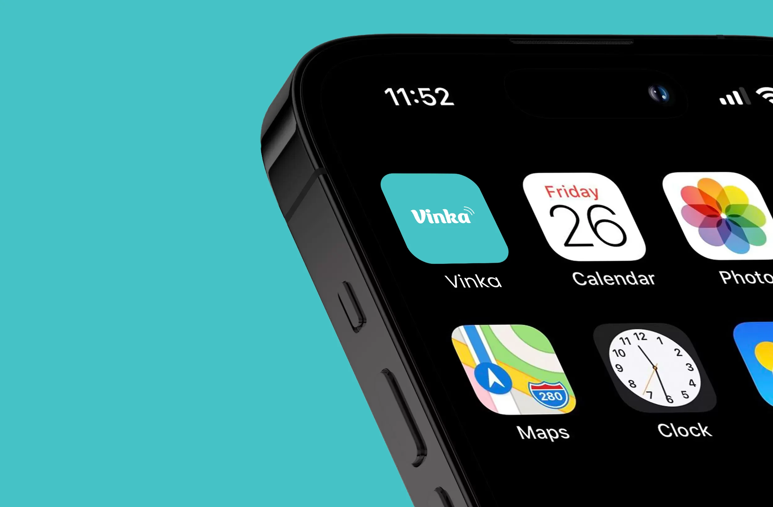 Vinka-appen på en mobiltelefon mot en turkos bakgrund